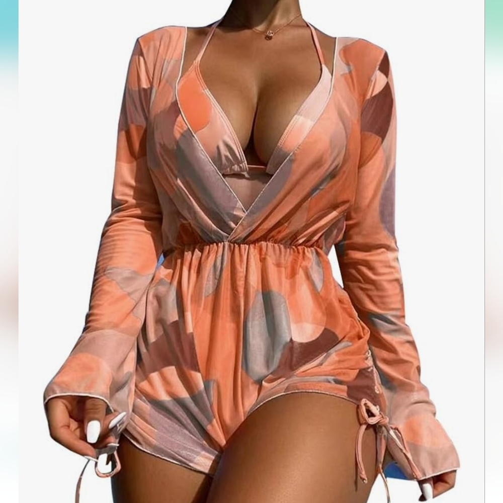 Womens Mesh Sheer Romper Beach Cover Up V-Neck Bellsleeve Abstract - Picture 10 of 10